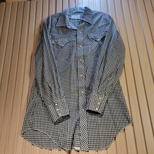 Vintage H Bar C CA Ranchwear Wester Shirt Gingham Pearl Snap Black White 15 1/2